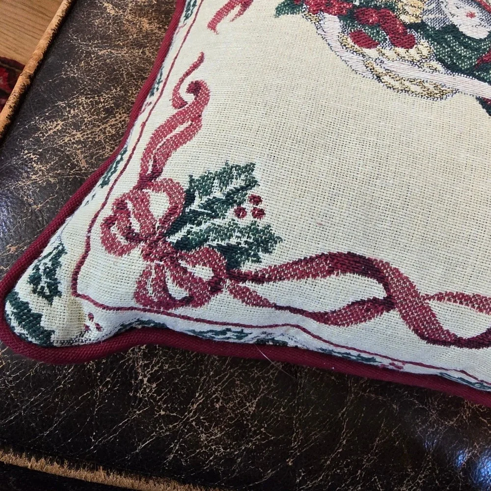 Vintage 90s Tapestry Throw Pillow Christmas Angel Red Green Holiday Decor 16x10